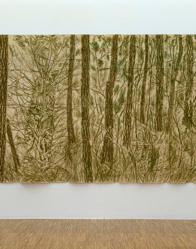 Verde del bosco, 1986 Frottage de feuilles et peinture végétale sur toile  